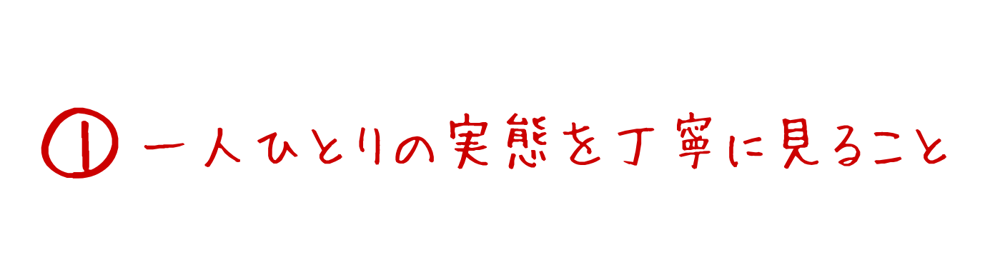 ①一人ひとりの実態を丁寧に見ること