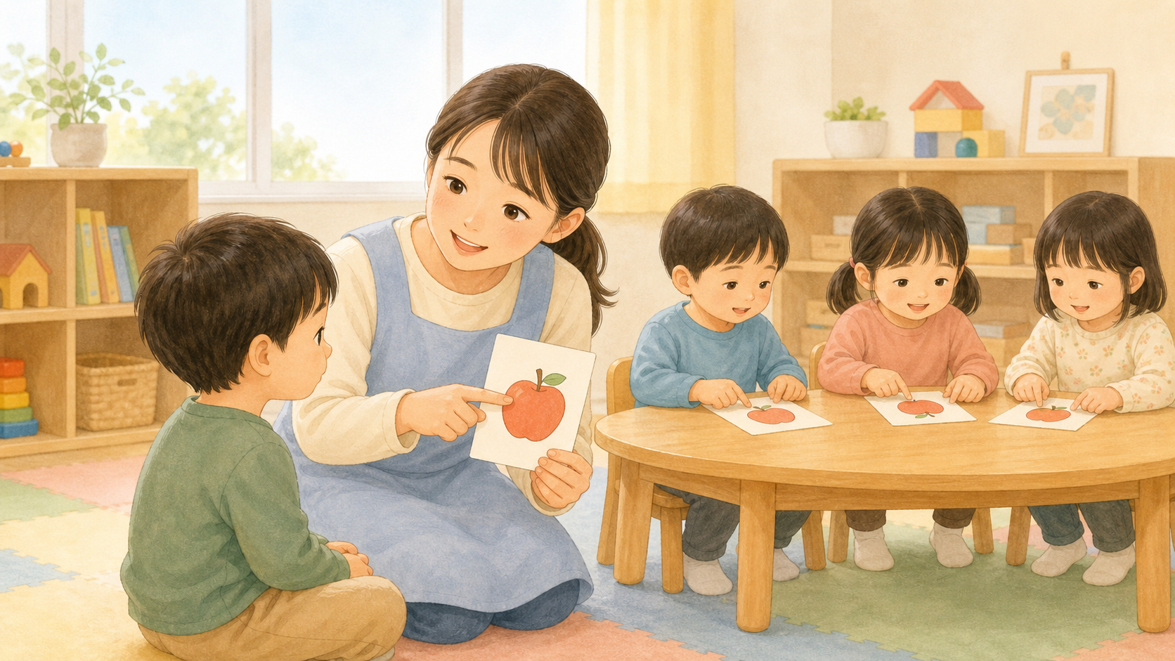 一斉指示を見て分かるカードで確認し、小集団の活動へ参加しようとする子どもと支援する先生