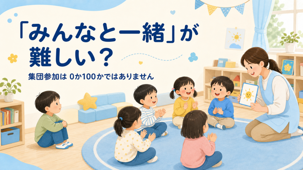 「みんなと一緒」が難しいとき、集団のそばで活動を見ながら先生の支援を受ける子どものイラスト