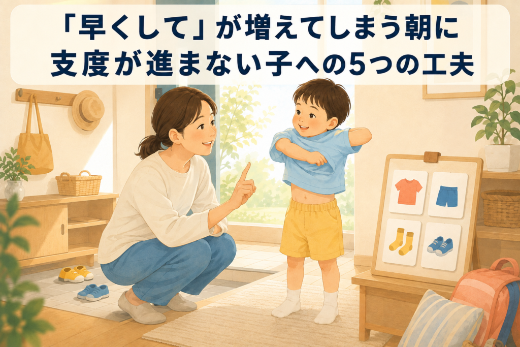 「早くして」が増えてしまう朝に、支度カードを見ながら親子で着替えを進める様子