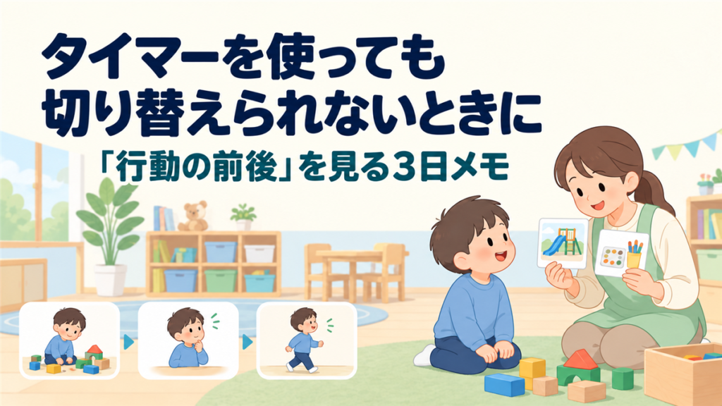 遊びからの切り替えについて、行動の直前・そのとき・直後を記録して考える様子を表したイラスト