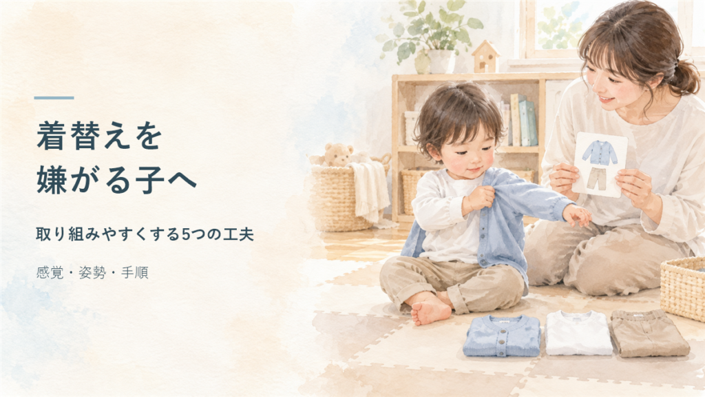 着替えを嫌がる子どもが、大人に見守られながら衣服の袖へ腕を通そうとしている様子を表したイラスト
