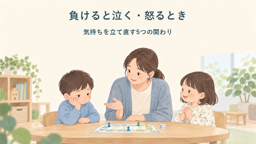 ゲームに負けて悔しさを感じる子どもへ、大人が気持ちを立て直す方法を穏やかに示しているイラスト