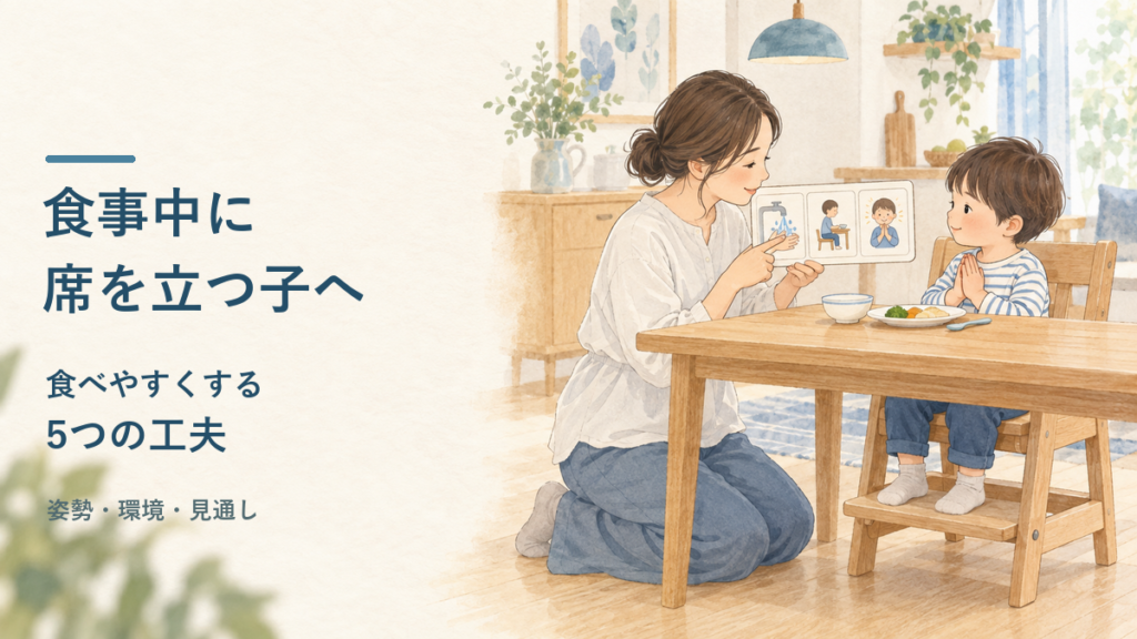 食事中に席を立ちやすい子どもに、大人が姿勢や食事の流れを分かりやすく伝える様子を表したイラスト