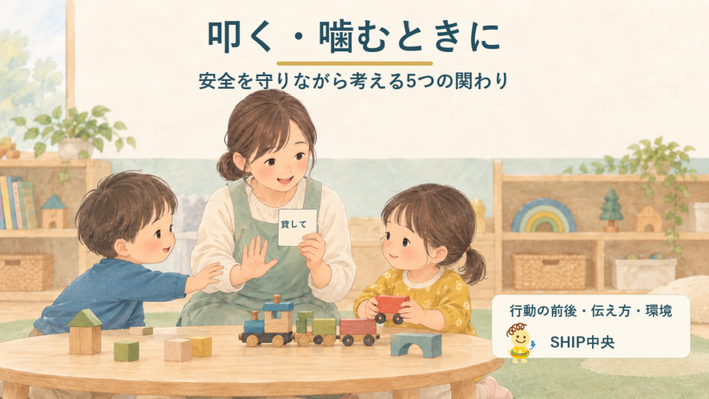 友達へ手が出そうになった子どもに、大人が安全を守りながら穏やかに関わる様子を表したイラスト