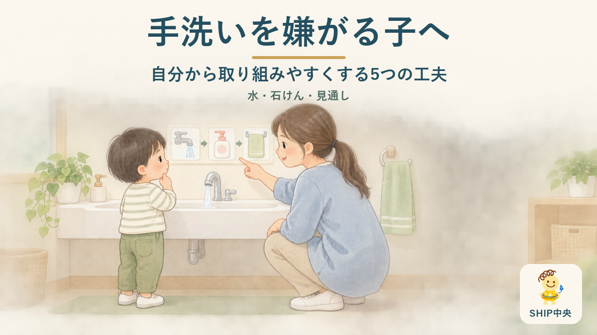 手洗いを嫌がる子どもに、大人が手洗いの流れを分かりやすく伝える様子を表したイラスト