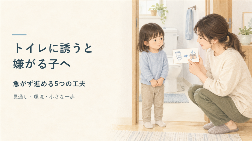 トイレを嫌がる子どもに、大人がトイレから手洗いまでの流れを穏やかに伝える様子を表したイラスト