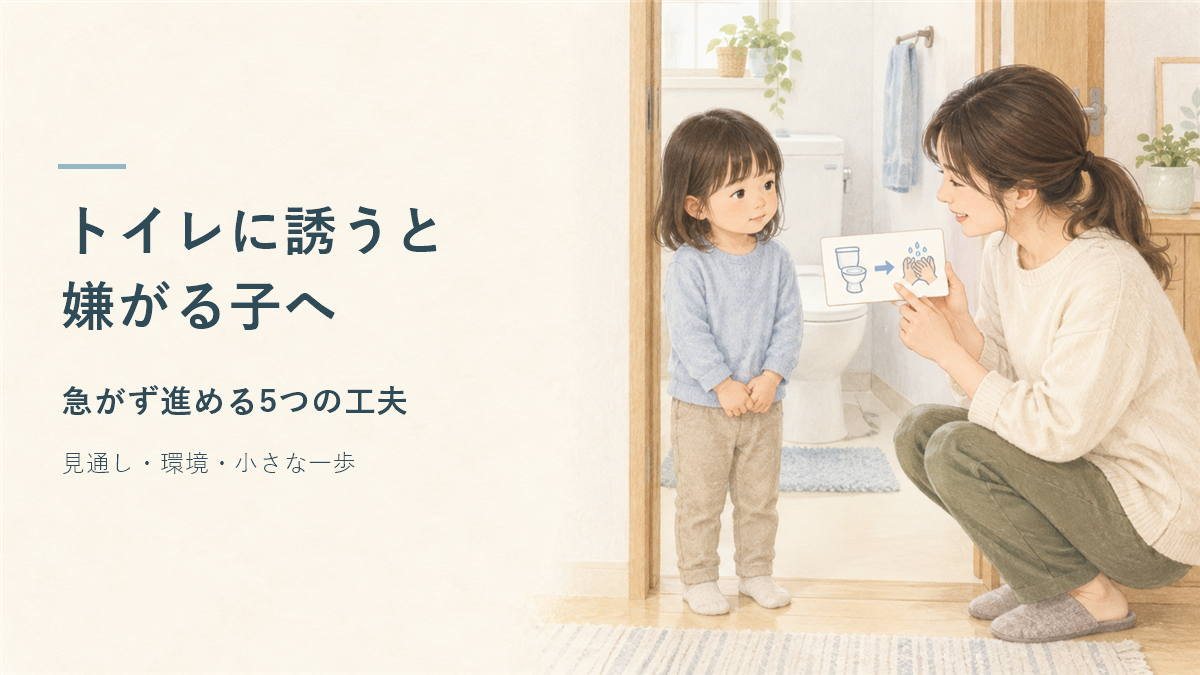 トイレを嫌がる子どもに、大人がトイレから手洗いまでの流れを穏やかに伝える様子を表したイラスト