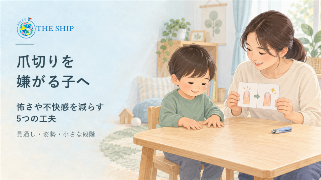 爪切りを嫌がる子どもに、大人が絵カードで爪切りの流れと終わりを伝えているイラスト