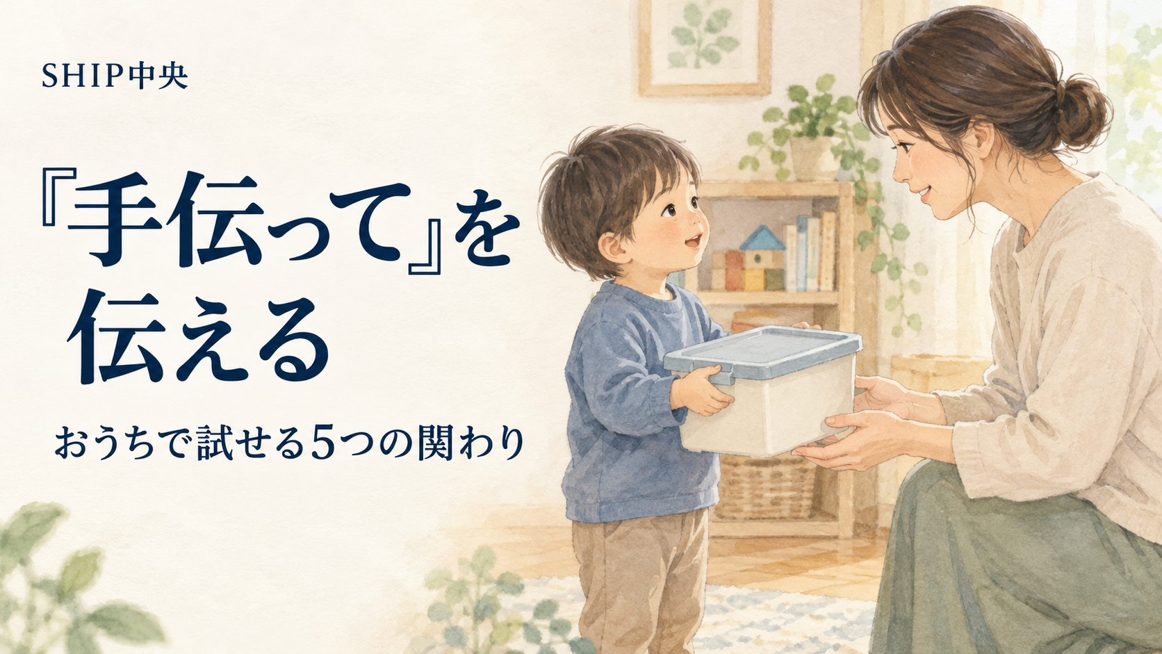 おもちゃの容器を大人に見せて、手伝ってほしい気持ちを伝える子どものイラスト